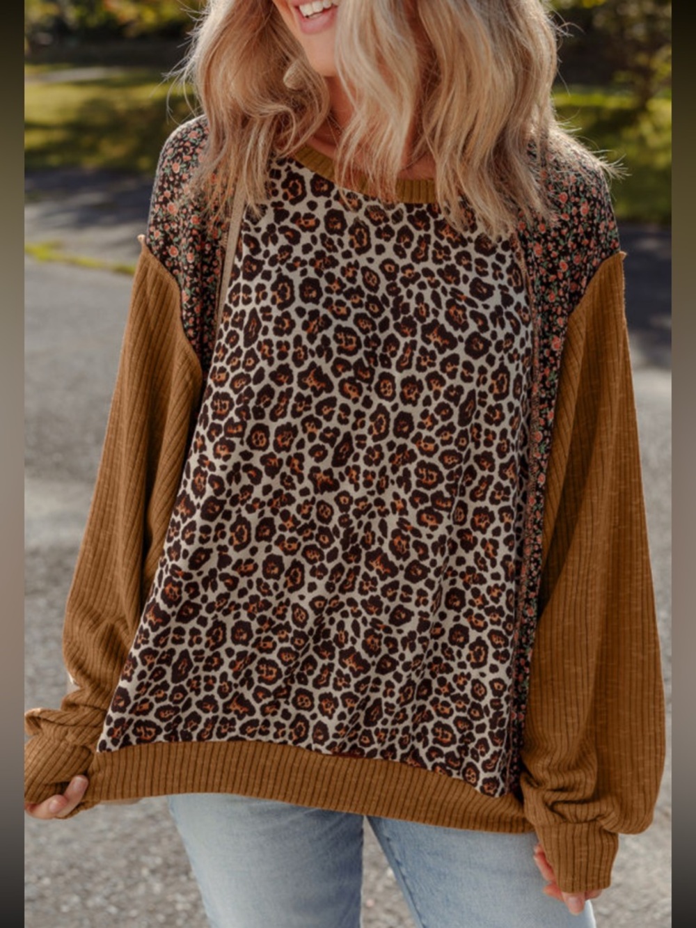 NWOT State Of Fashion XL Leopard & Floral Patchwork Pullover Top - Picture 2 of 9